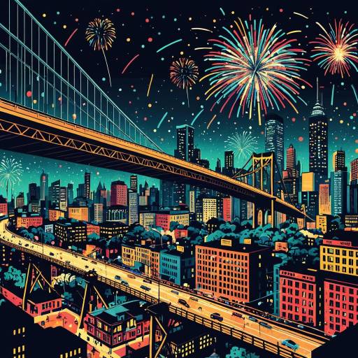 Cityscape with Vintage Bridge and Fireworks