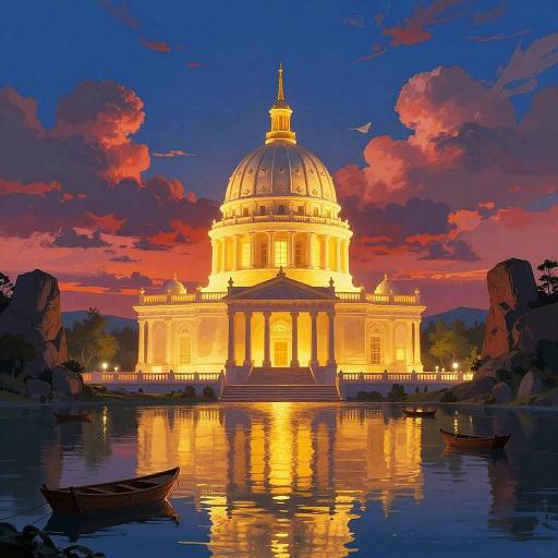 Glowing Classical Temple by Lake