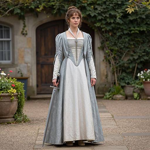 Photograph of a woman in a 19th-century-style silver and white gown, standing in a lush, ivy-covered garden courtyard.