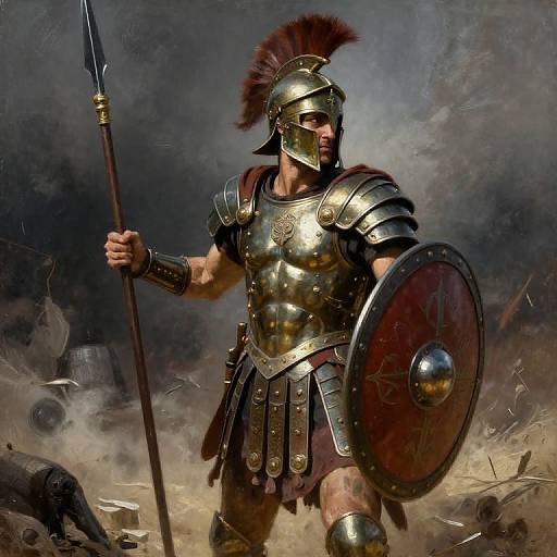 Photorealistic digital art of a muscular, armored ancient Greek warrior with a plumed helmet, holding a spear and shield, amidst a chaotic battlefield with