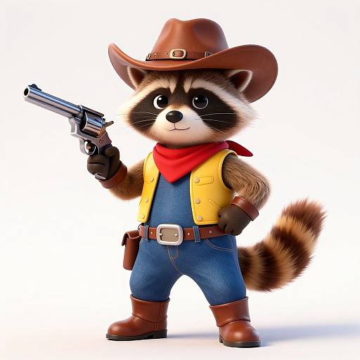 Cute cartoon raccoon in cowboy hat, yellow vest, red bandana, blue jeans, brown boots, holding a gun, standing confidently. Digital