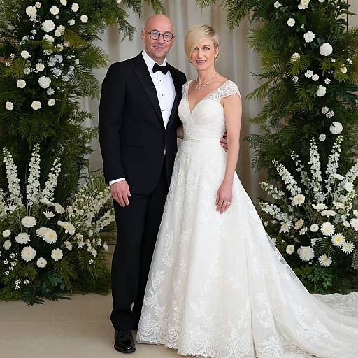 Bald man with glasses in black tux, smiling, stands beside blonde woman in white lace gown; floral backdrop, photograph.