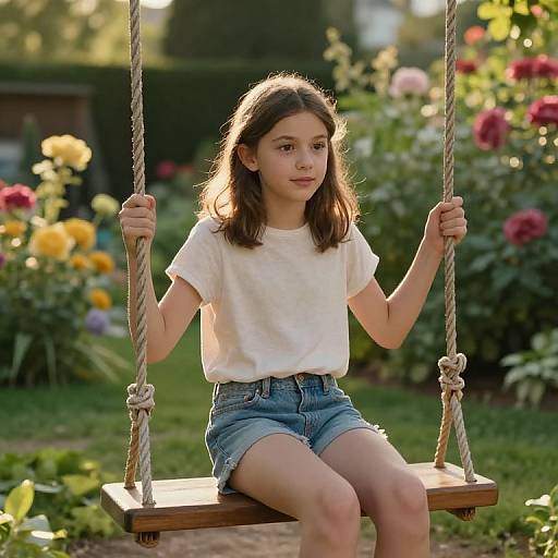 Photograph of a young girl with fair skin and brown hair, wearing a white t-shirt and denim shorts, sitting on a wooden swing in a colorful
