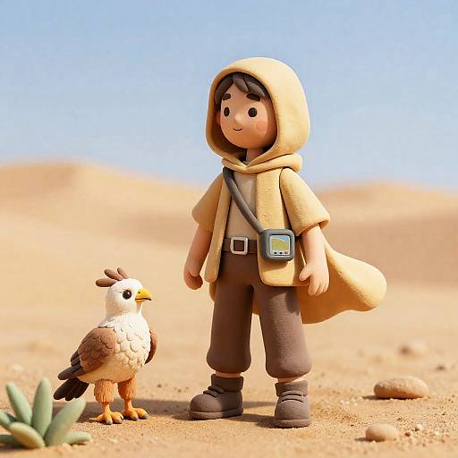 Clay Animation Scout with Desert Hawk in Sandy Desert