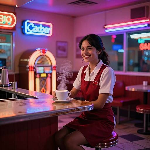 Photograph of a smiling waitress with dark hair in a maroon apron and white shirt, sitting at a retro diner counter, steaming coffee in
