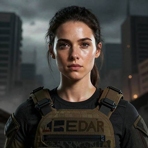 Photograph of a serious, young woman with dark hair, wearing a tactical vest labeled 