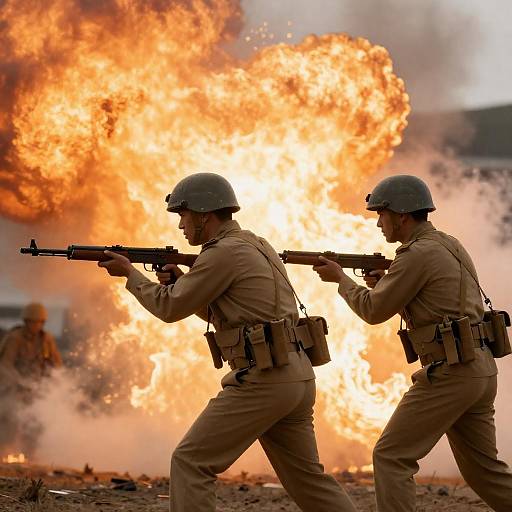 Two Soldiers Charging Through Fiery Explosion