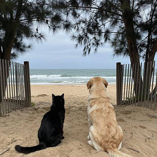 Cat and Dog Facing Ocean on Beach