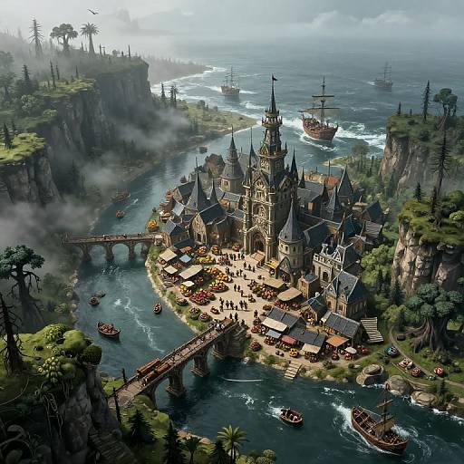 Fantasy CGI image of a medieval stone castle on a cliff, surrounded by a river, with boats, bridges, and sea ships in the background.