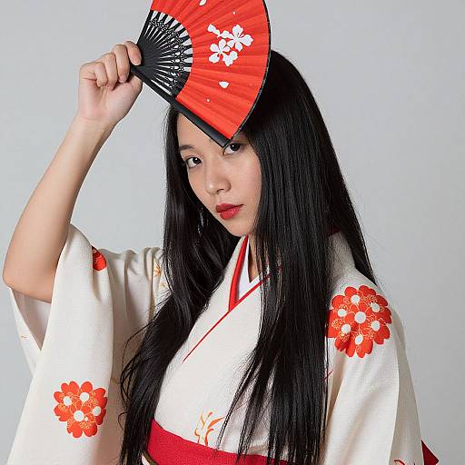 Asian Woman in Red-Accented Kimono