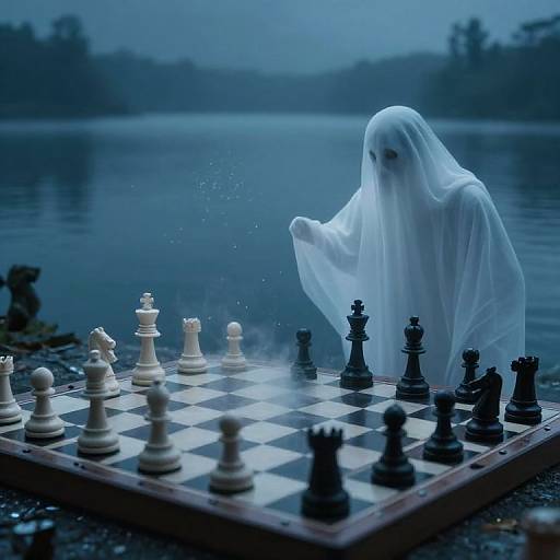 Mysterious white ghost plays chess by moonlit lake, surrounded by black and white pieces, under a foggy, twilight sky. Photorealistic CGI