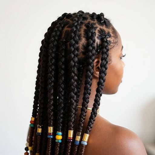 Photograph of a dark-skinned woman with intricate black braided hair, adorned with colorful beads, facing right against a white background.