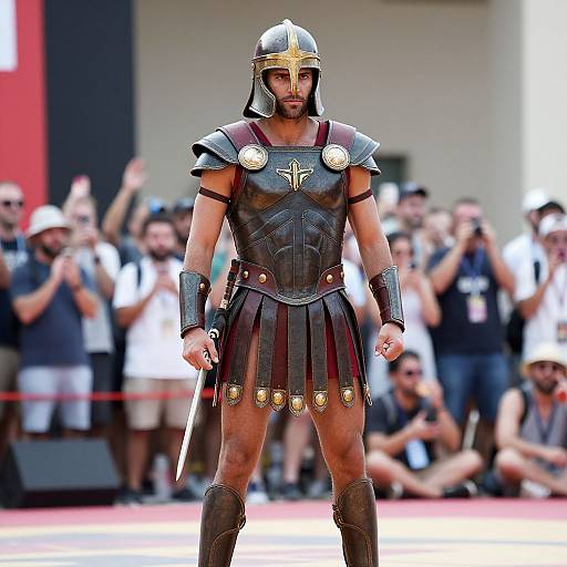 Photograph of a muscular man in ancient Roman gladiator armor, standing confidently in front of a cheering crowd, with a red barrier in the background.