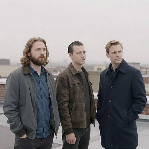Three Men on a Rooftop with City View