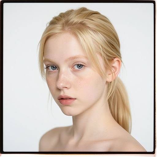 Photograph of a fair-skinned, blonde-haired young woman with blue eyes, neutral expression, and light pink lips, set against a white background.