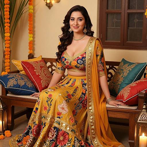 Photograph of a smiling South Asian woman in a colorful, floral-patterned gold traditional outfit, seated on a wooden bench with ornate cushions, surrounded
