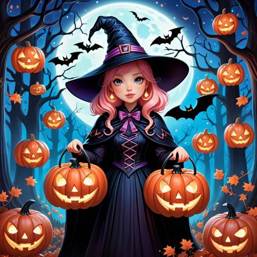 Whimsical Halloween Witch in Moonlit Forest