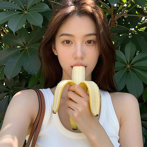 Sunlit Outdoor Selfie of Woman with Banana
