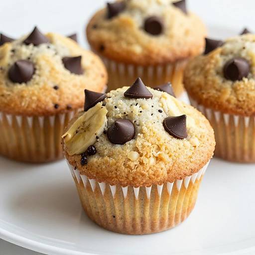 Photograph of golden-brown chocolate banana muffins with scattered dark chocolate chips and a banana slice on one, in white paper liners on a white plate
