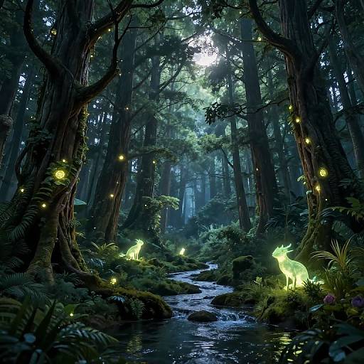 Digital fantasy forest painting with glowing fireflies, luminescent deer, and a moonlit stream surrounded by tall, shadowy trees. Enchanting