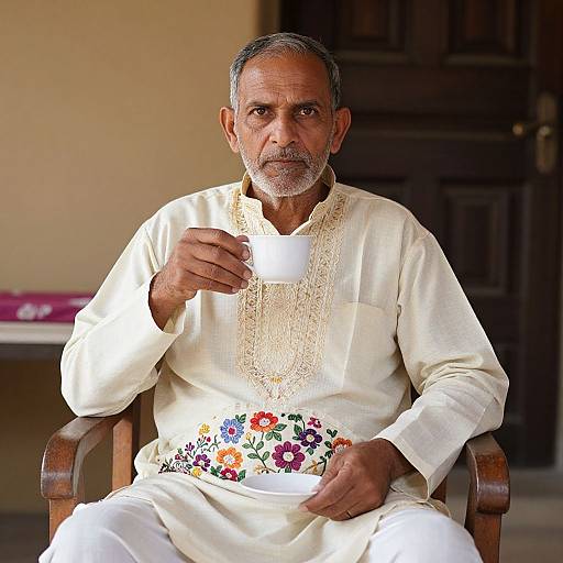 Photograph of an elderly Indian man with gray beard, wearing white traditional kurtah with floral waistband, holding a white cup, sitting in wooden