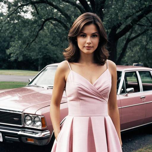 Woman in Pink Dress Standing by Vintage Car Outdoors