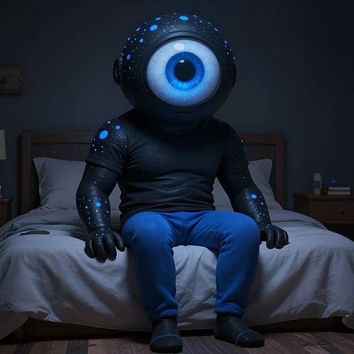 Photograph of a person in a black, glowing, robotic mask with a single blue eye, wearing a black shirt and blue pants, sitting on a
