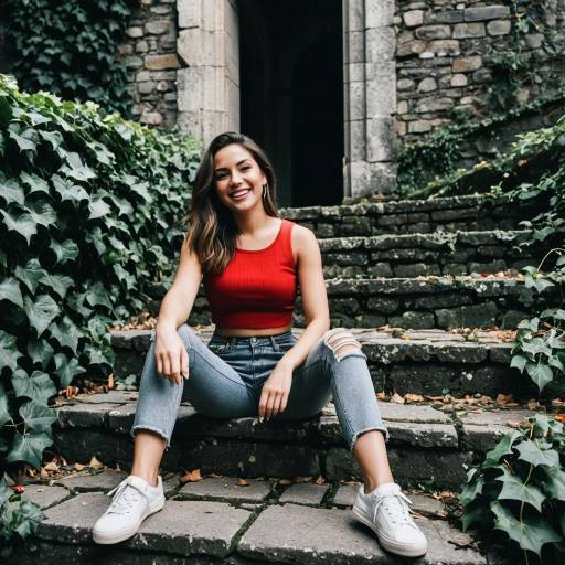 Smiling Woman Sitting on Ivy-Covered Stone Steps