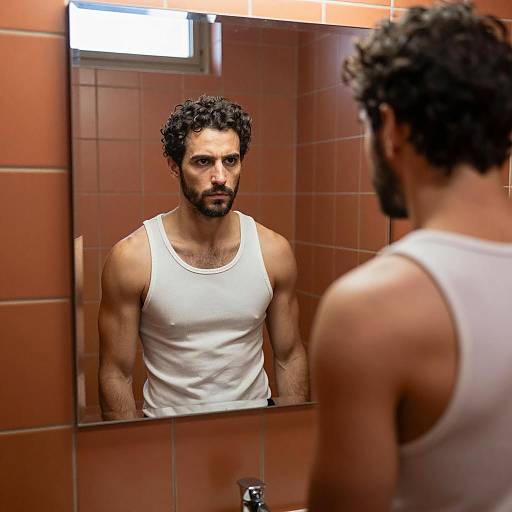 Man in White Tank Top Looking Serious in Bathroom Mirror