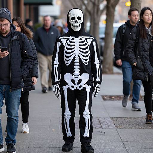 Person in Skeleton Costume on Sidewalk
