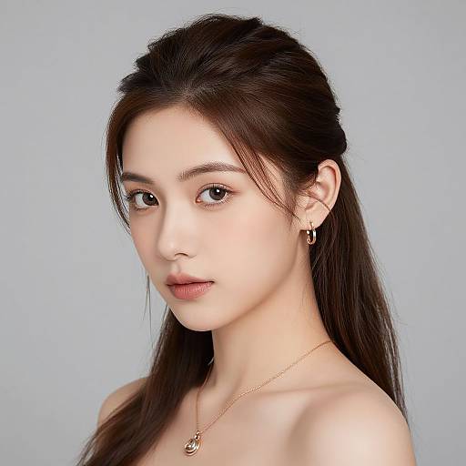 Photograph of a young Asian woman with fair skin, long dark hair, subtle makeup, gold earrings, and necklace, against a light blue background.