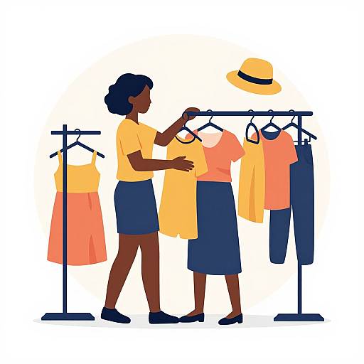 Illustration of two Black women in yellow and navy dresses, examining clothes and a hat on black racks.