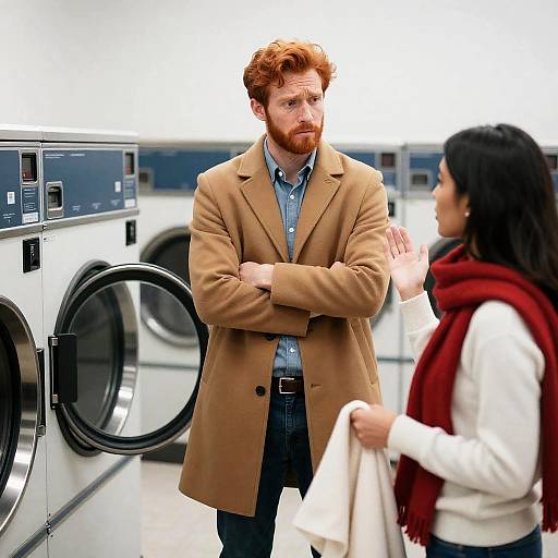 Couple Discussing Laundry in Laundromat