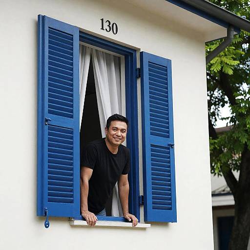 Smiling Man by Blue Shuttered Window