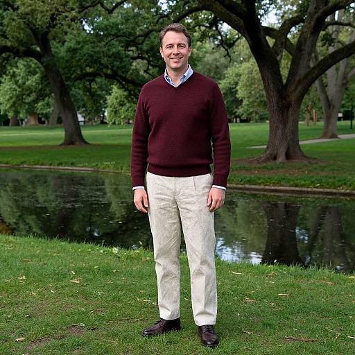 Photograph of a smiling man with short brown hair, wearing a dark brown sweater, blue shirt, white pants, and black shoes, standing on grass