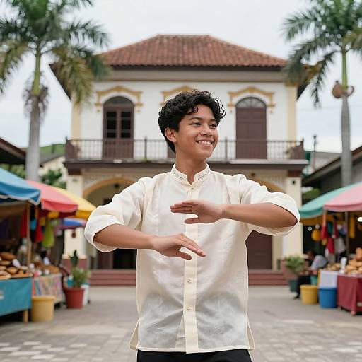 Photograph of a smiling young man with dark curly hair, wearing a white button-up shirt, performing a dance move in a colorful, tropical outdoor market