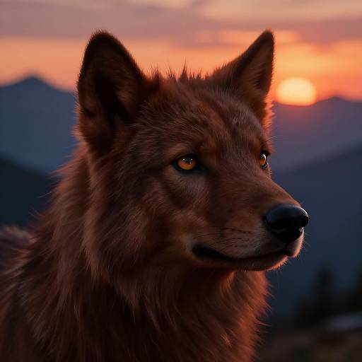 Photograph of a majestic, reddish-brown wolf with piercing amber eyes, set against a vibrant sunset and mountainous backdrop.