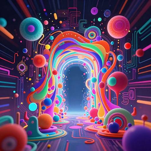 Vibrant digital artwork featuring colorful, neon archways surrounded by glowing spheres, circuits, and abstract shapes in a futuristic, cyberpunk style.