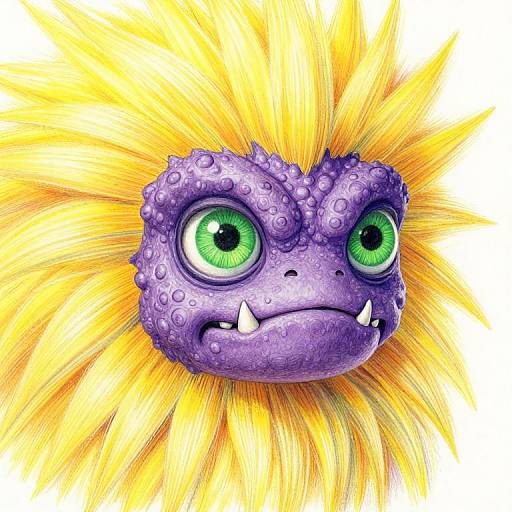 Vibrant digital drawing of a purple, scaly, reptilian creature with large green eyes, sharp white teeth, and bright yellow, sunburst