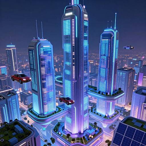CGI image of a futuristic city at night, featuring glowing blue skyscrapers, illuminated cars, and a helicopter over a busy intersection.