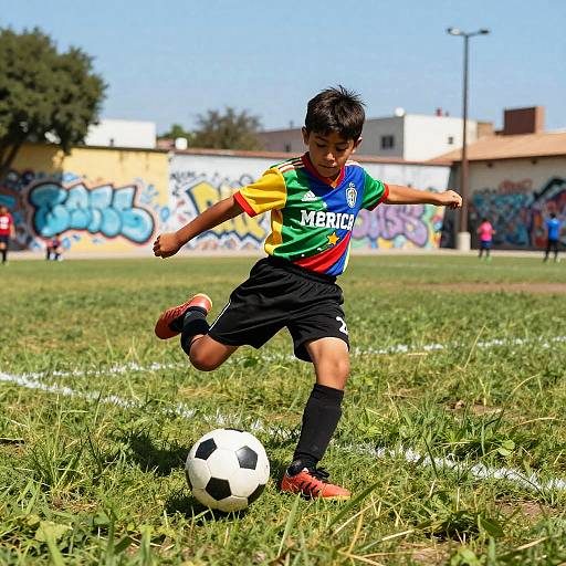 Mexican Kid Playing Soccer in Urban Park