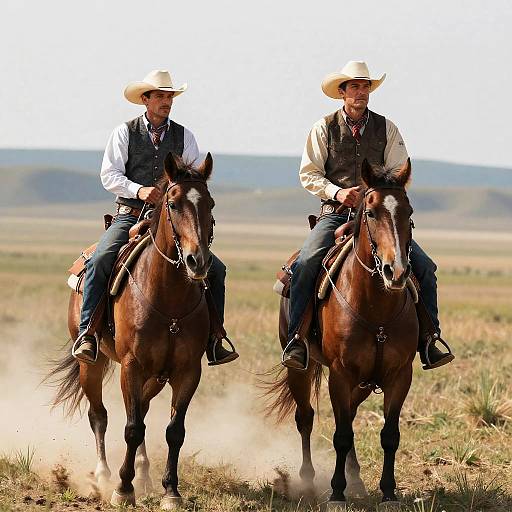 Photograph of two rugged cowboys in white hats and vests riding brown horses through a dusty, grassy plain under a bright sky.