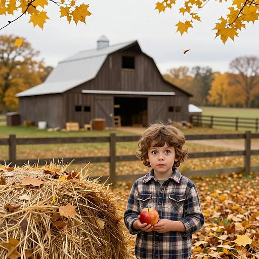 Photograph of a young boy with curly brown hair, wearing a plaid shirt, holding an apple, standing in front of a hay bale and