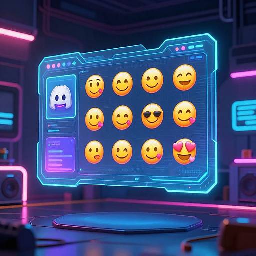 Neon-lit digital screen displaying 11 smiley faces and a ghost emoji, against a futuristic, cyberpunk background with glowing blue and pink lights