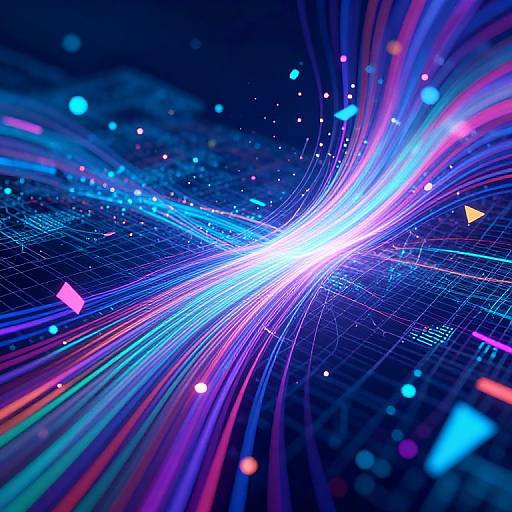 Digital abstract art: Bright white light source at center, surrounded by vibrant neon blue, purple, and pink lines, with glowing dots and grid patterns on