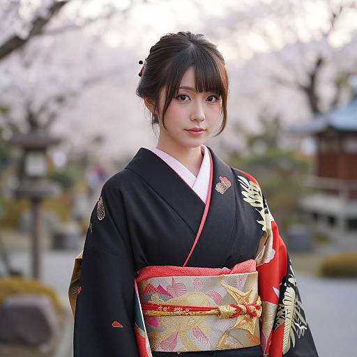 Photograph of a Japanese woman in traditional black kimono with red and gold obi, standing outdoors in a serene garden.