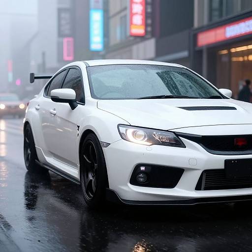 Photograph of a sleek white sports sedan with black accents driving on a wet, reflective city street at night, surrounded by neon-lit buildings.