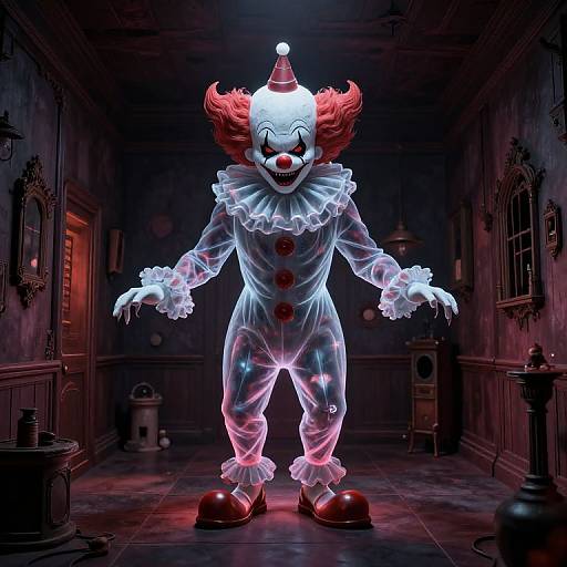 Digital art of a glowing, transparent clown with red hair, white face, and red buttons, standing in a dark, eerie room.