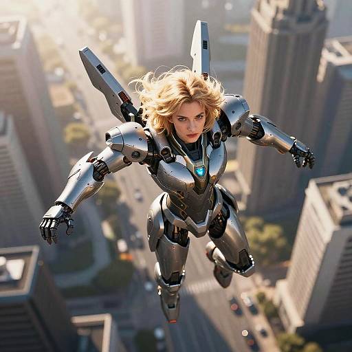 CGI image of a blonde woman with blue eyes, wearing a silver, robotic exosuit with glowing blue accents, flying above a cityscape of