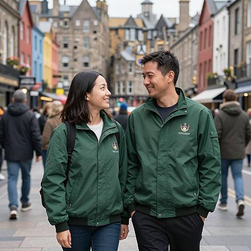 Photograph of a smiling Asian couple with dark hair, wearing green jackets, walking hand-in-hand on a busy urban street. Buildings and pedestrians in the